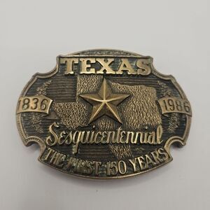 Texas First 150 Years Brass Belt Buckle 1st Ed 1836 1986 Sesquicentennial Vtg